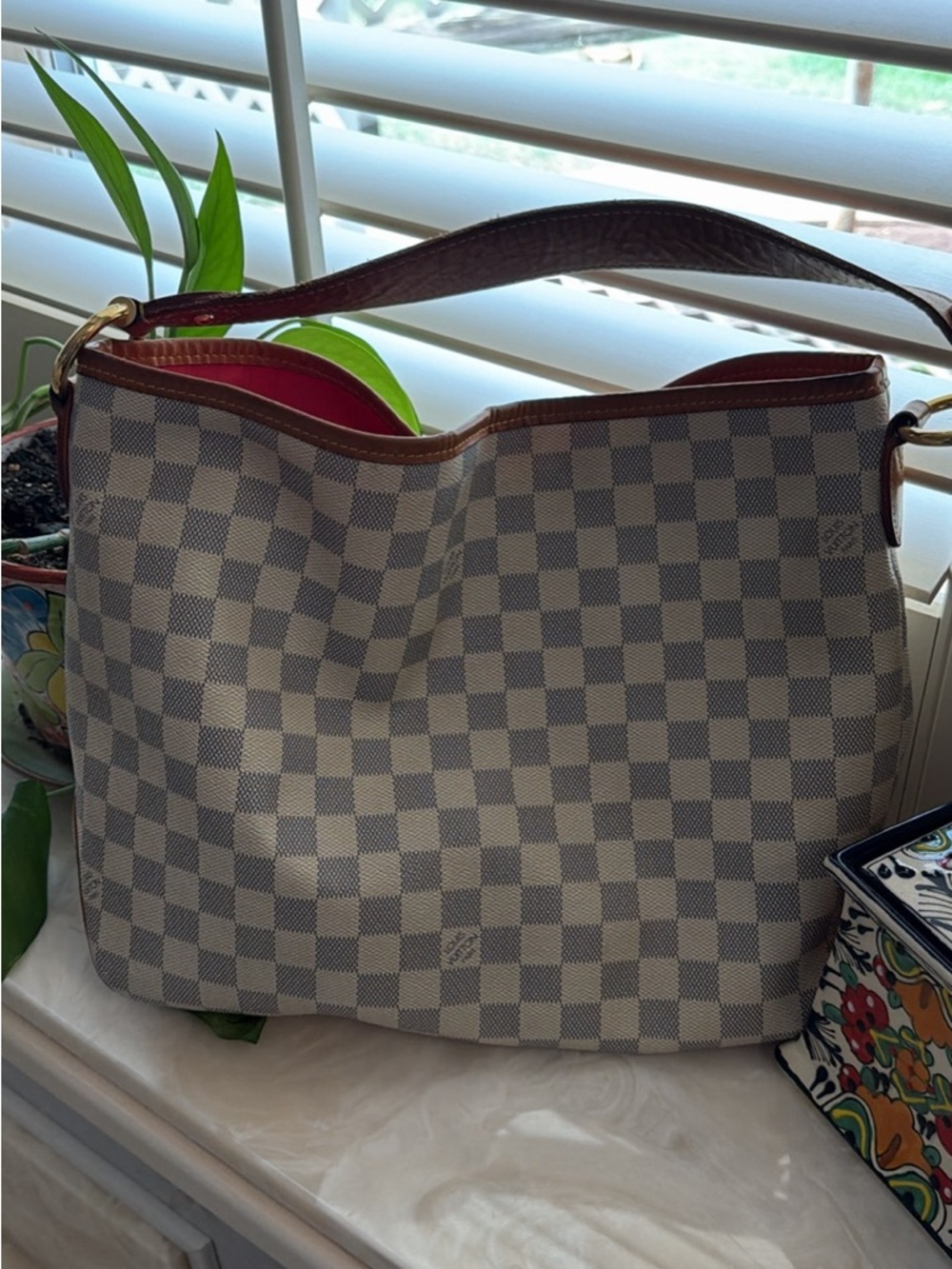 Louis Vuitton Damier Azur Shoulder Bag with Brown Trim and Pink Interior Accent